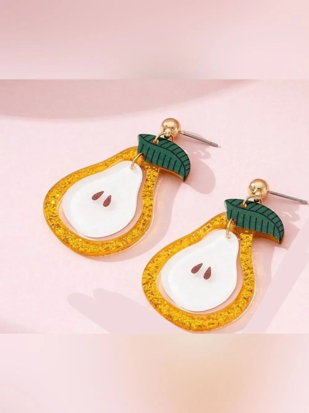 Yellow Glitter & White Pear Drop Earrings with Green Leaf A1703